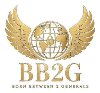 BB2G — Born Between 2 Generals logo: gold winged globe with a padlock